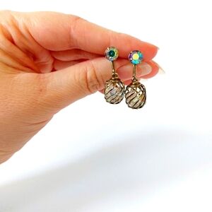 Iridescent Luster Glass Jewel Spiral Cage Dangly/Drop Clip On Earring Screw Back